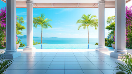 Balcony of a beautiful luxury villa, pool, ocean
