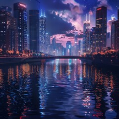 Fototapeta premium A mesmerizing night cityscape with illuminated skyscrapers reflecting in a calm river, under a vibrant and colorful sky.