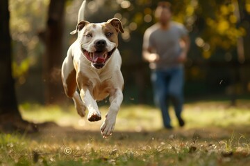 A dog is running in a park with people watching
