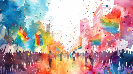 Vibrant watercolor painting of a pride parade, featuring colorful flags, diverse crowd, and festive atmosphere, celebrating love and unity.