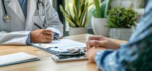 Fototapeta premium Close up of doctor stethoscope white coat sitting desk writing clipboard holding pen taking note while talking patient who out of frame light wooden table green plant background photo realistic style