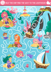 Mermaid maze for kids with lagoon landscape, princess. Marine preschool printable activity. Fairytale ocean kingdom labyrinth game, puzzle. Worksheet with ship searching his way to lighthouse.