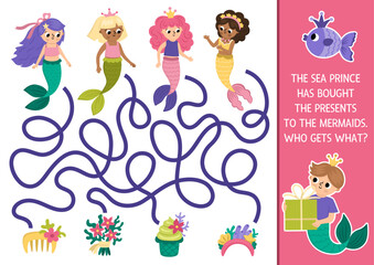 Mermaid maze for kids with price giving presents. Marine preschool printable activity. Fairytale ocean kingdom labyrinth game, puzzle. Water life worksheet with sea princess, headband, seaweeds.