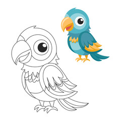 Cute children's parrot, outline drawing for coloring book and illustration. Cute cartoon macaw bird. Print for children