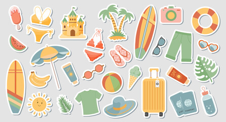 Set of cute summer stickers for your daily planner. Collection of scrapbooking elements for beach party, parasol, surfboard, ice cream, bikini, beach hat. Summer collection
