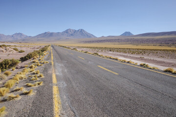 San Pedro de Atacama, Chile - Nov 30, 2023: Landscapes along a highway through the Atacama Desert