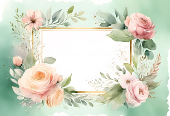 A watercolor floral frame with leaves and flowers surrounding a blank white center. The design is delicate and elegant, suitable for invitations, wedding or greeting cards.
