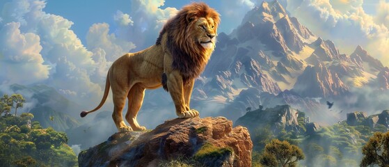 Lion standing majestically on a rock, overlooking its territory, embodying strength and dominance, the king of the jungle