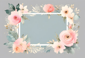 A watercolor floral frame with leaves and flowers surrounding a blank white center. The design is delicate and elegant, suitable for invitations, wedding or greeting cards.