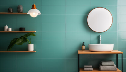 Teal bathroom interior with a round mirror white sink and wooden shelves with a plant and toiletries