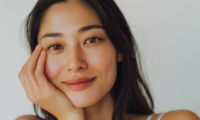 Japanese woman her late thirties straight hair gently touching her face smiling camera She wearing light makeup white background some skin tone her chest visible image the style of a realistic painter