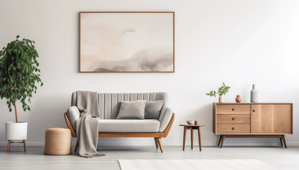 Stylish living room interior with midcentury modern furniture gray sofa wooden cabinet plants and abstract painting on the wall