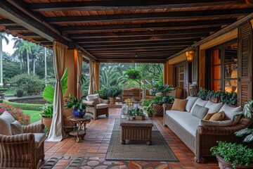 Charming garden terrace with comfortable wicker furniture and lush greenery providing a perfect outdoor relaxation space in a natural setting