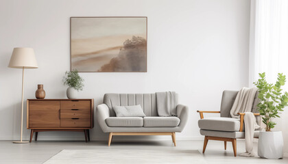 Fototapeta premium A stylish living room interior with a gray sofa wooden cabinet and armchair
