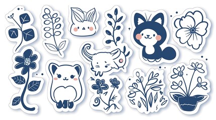 Cute Animal and Plant Stickers in Minimalist Blue and White Design