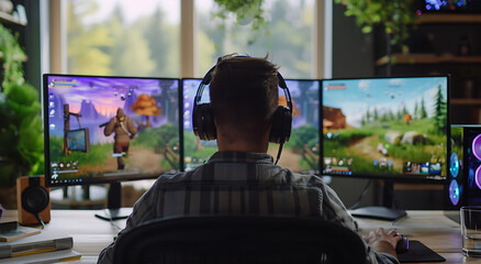 Realistic shot of man office setting sitting his desk working three computer screen displaying image Fortnite Lovely scenic view greenery atmosphere exudes creativity person work peacefully while
