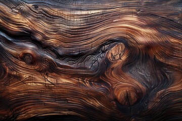 Closeup of a rich, dark wood texture background with intricate grain patterns and natural knots, ideal for rustic designs