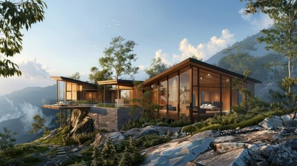 rchitectural plans for a contemporary mountaintop retreat with luxury cabins and eco-friendly amenities