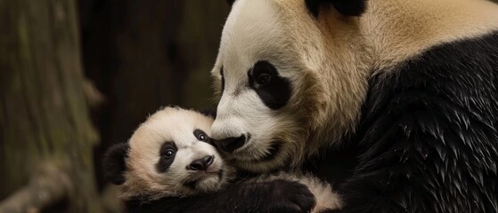 Fototapeta premium Panda mother with her cub, highlighting nurturing and family bonds