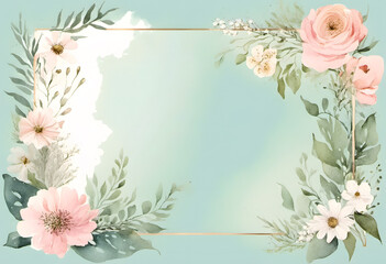 Obraz premium A watercolor floral frame with leaves and flowers surrounding a blank white center. The design is delicate and elegant, suitable for invitations, wedding or greeting cards.