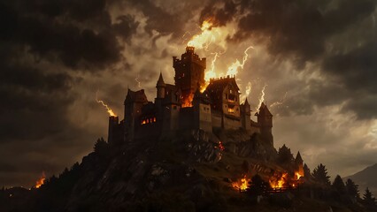 Obraz premium Mystical and spooky castle in the dark and in the fog A magical horror castle over the mountain, An ancient historical Dracula haunted castle horror castle for content