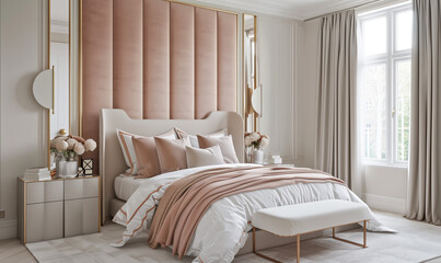 Fototapeta premium Ar Deco and Airy Style Bedroom Interior in White Color. Big Pink Wall Headboard. Mirrors on Wall. Bed, Bed Tables, Pillows, Lamp, Furniture, Home Decor. Nobody 
