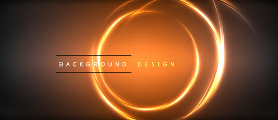 Neon glowing circle rays, light round lines in the dark, planet style neon wave lines. Energetic electric concept design for wallpaper, banner, background
