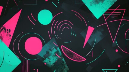 black, green mint, and pink magenta colors. shapes and lines filled in the background