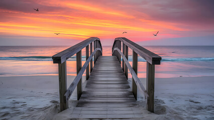 Obraz premium Beautiful View at Dusk at Footbridge on Beach at Sunset