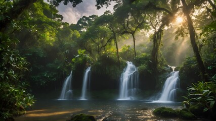 A lush green forest with a waterfall in the middle. The waterfall is surrounded by trees and the water is calm. The scene is peaceful and serene