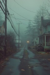 A serene and eerie depiction of a foggy suburban street lined with houses and power lines, creating an atmosphere of quietness and isolation during dusk