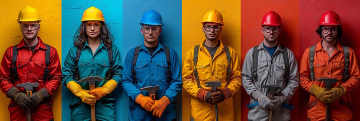 Diverse group of construction workers in colorful uniforms holding tools, Labor Day concept