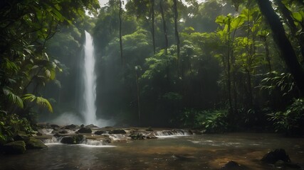 Naklejka premium A lush green forest with a waterfall in the middle. The waterfall is surrounded by trees and the water is calm. The scene is peaceful and serene