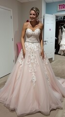 Naklejka premium A bride-to-be smiles brightly while trying on an exquisite, intricately designed wedding dress in a bridal boutique, showcasing a delicate balance of elegance and grace