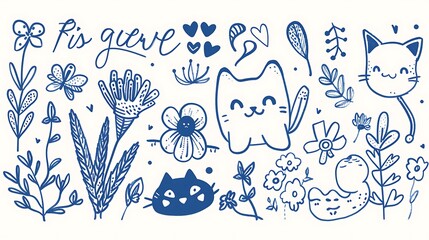 Whimsical Blue Doodles of Cats, Flowers, and Nature