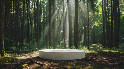 Enchanted Forest Podium - White Circular Platform Surrounded by Tall Trees and Sunlight Filtering Through Leaves