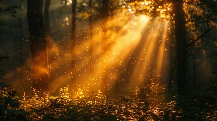 Sunlight filtering through the dense forest canopy, casting an ethereal golden light and illuminating floating particles in the serene woodland environment