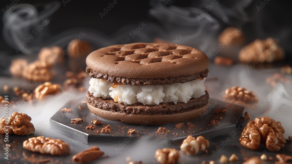 Wall mural Exquisite close-up of a chocolate and walnut ice cream sandwich, with smoke artistically curling around it, set against a dark background - Wall murals
