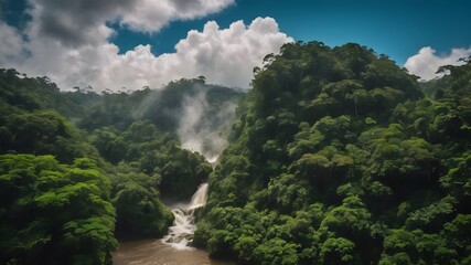 A lush green forest with a waterfall in the middle. The waterfall is surrounded by trees and the water is calm. The scene is peaceful and serene