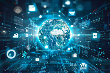 Business application technology showcasing global internet connection and digital marketing, focused on financial and banking