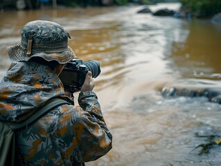 Naklejka premium Soldier Capturing Documentary Footage of Community Restoring Flooded River for Environmental Conservation