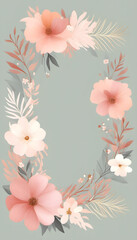 Obraz premium A watercolor floral frame with leaves and flowers surrounding a blank white center. The design is delicate and elegant, suitable for invitations, wedding or greeting cards.