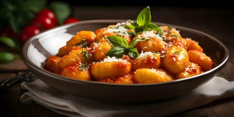 Fototapeta premium Hearty and Satisfying Italian Comfort Food Gnocchi alla Sorrentina. Concept Italian Cuisine, Comfort Food, Gnocchi Recipes, Tomato Sauce, Cheesy Dishes