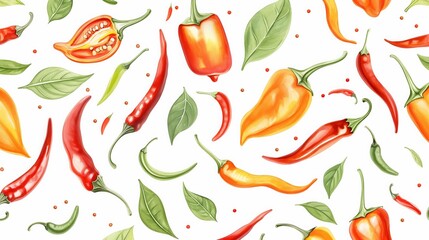 Vibrant watercolor illustration of various red chili peppers scattered across a white background
