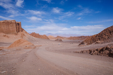 San Pedro de Atacama, Chile - Nov 29, 2023: Sand dunes and rock formations in the Valley of the...