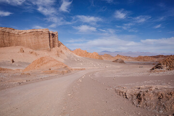 San Pedro de Atacama, Chile - Nov 29, 2023: Sand dunes and rock formations in the Valley of the Moon, Atacama Desert