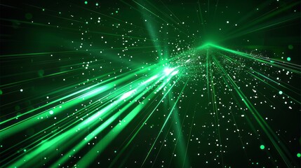 Obraz premium Dark green background with laser beams, green neon light lines and glowing dots