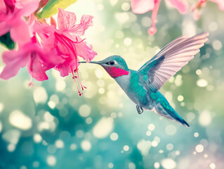 Obraz premium Glossy bird in flight. Hummingbird flying next to beautiful pink flower, nature floral background