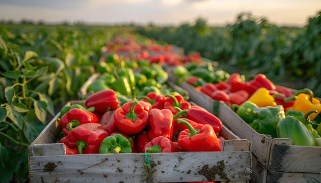 fresh harvested sweet paprika pepers in boxes in the field