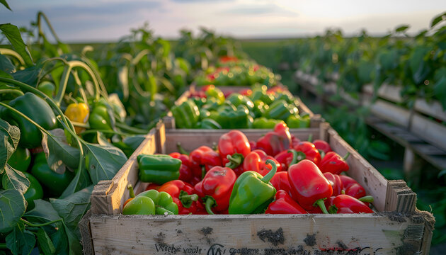 fresh harvested sweet paprika pepers in boxes in the field